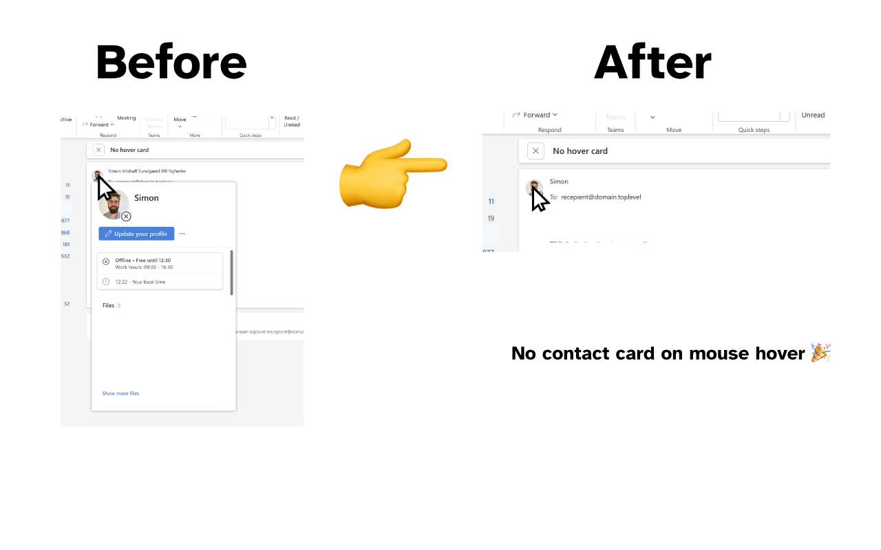Outlook Hover Card Blocker Extension Screenshot